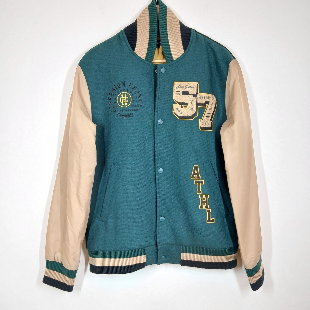 Chevignon Varsity Bomber Jacket Men's Large Green Wool Blend Snap Front Coat